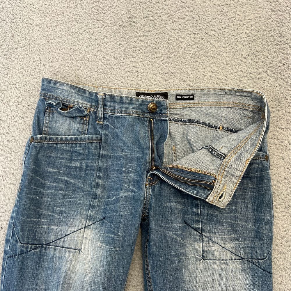 Ecko Unltd Slim‎ Straight Jeans Mens 34 Blue Excellent Y2K Embroidered Denim - Picture 10 of 16